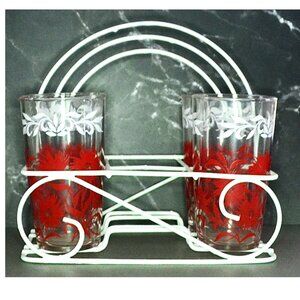 Hazel Atlas Ice Tea Set Vintage MCM 4 Glasses White Metal Caddy Drinkware